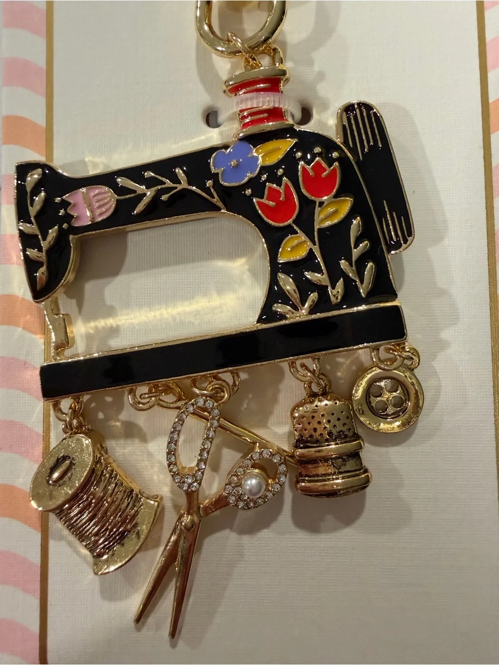piper•k Black Floral Sewing Machine Bag Charm Key Chain with Gold Accents
